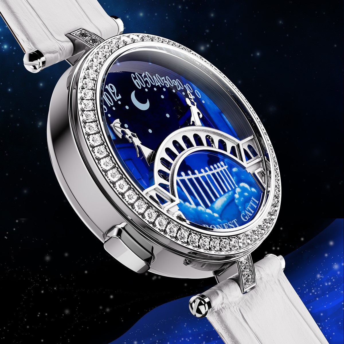 BONEST GATTI Women’s Diamond 3D Midnight Romantic Lover’s Bridge Quartz Watch
