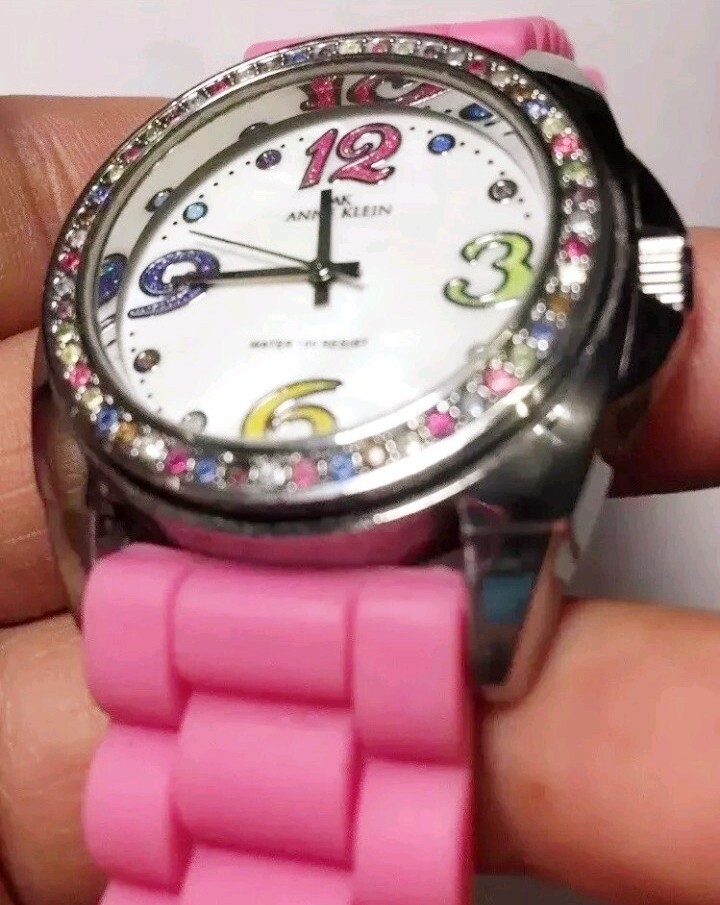Anne Klein Watch 10/9293 White Face Pink Rubber Band Multicolor Crystal Silver