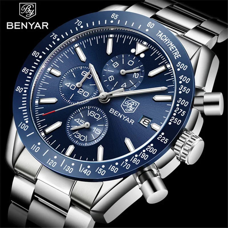 BENYAR Men’s Quartz Watch Stainless Steel Business Sports Waterproof Watch