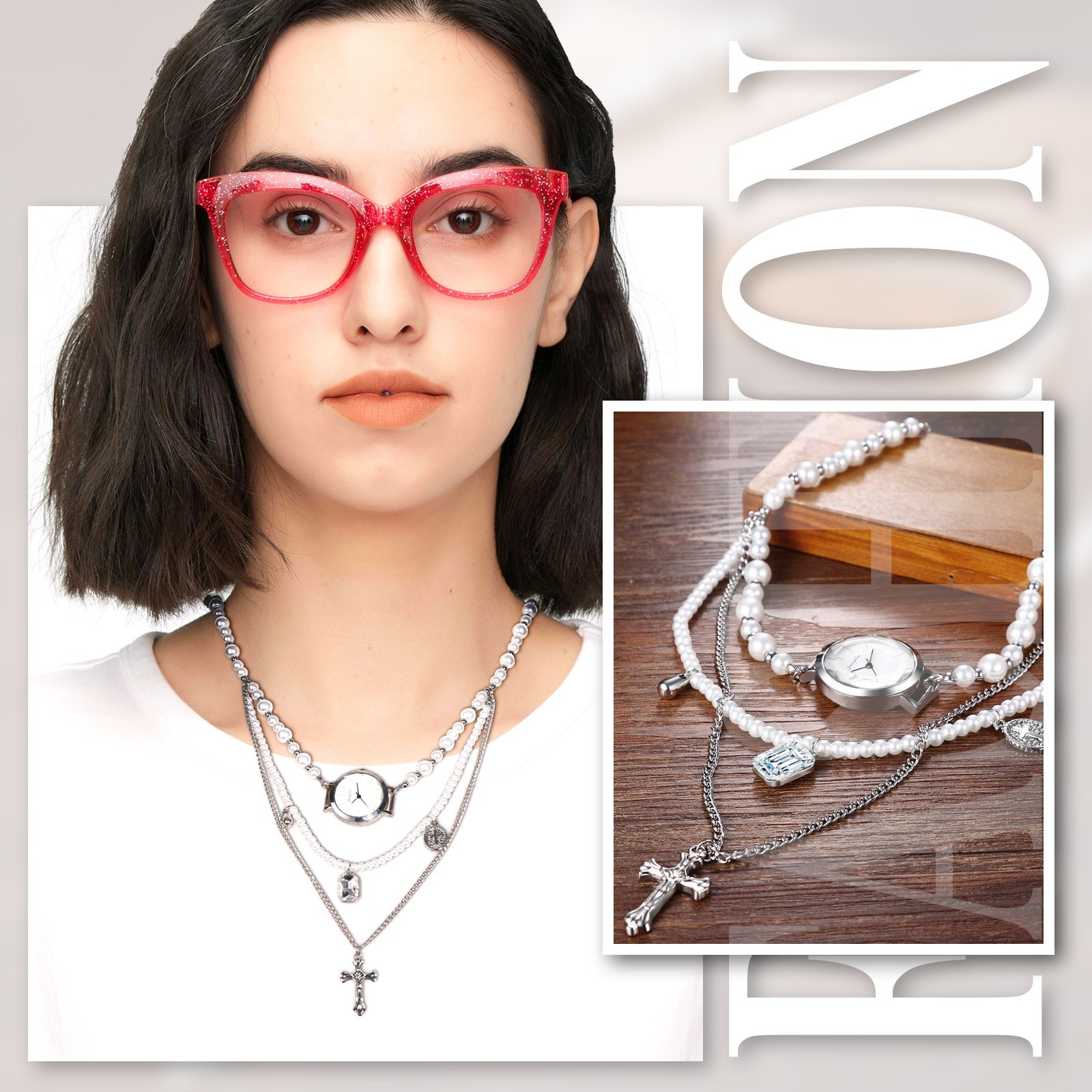 3 Layers Necklace Watch Analog Quartz Cross Faux Pearl Choker Womens WristWatch