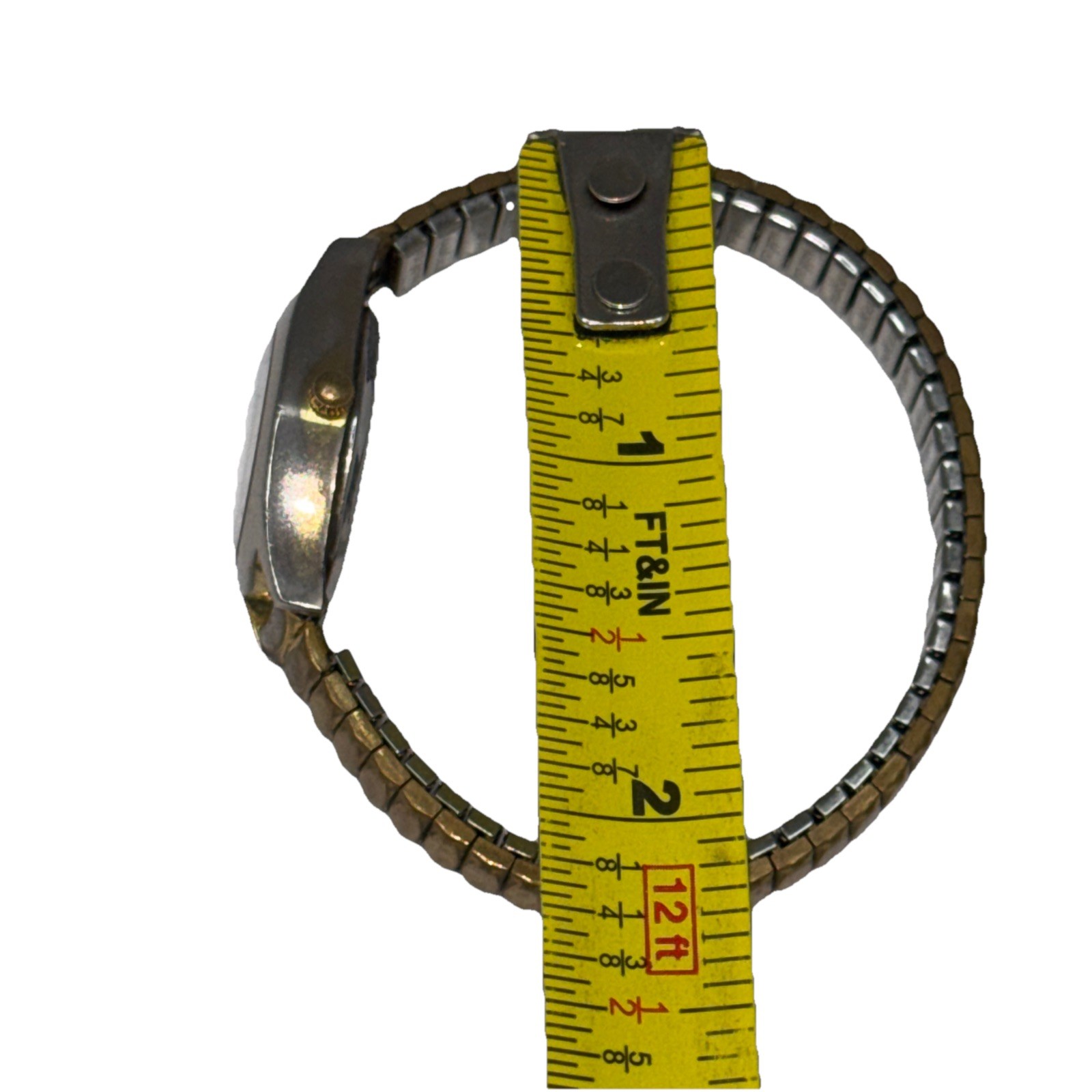 Sharp Watch Gold Tone Black Face Stretch Band Ladies New Battery Scratches