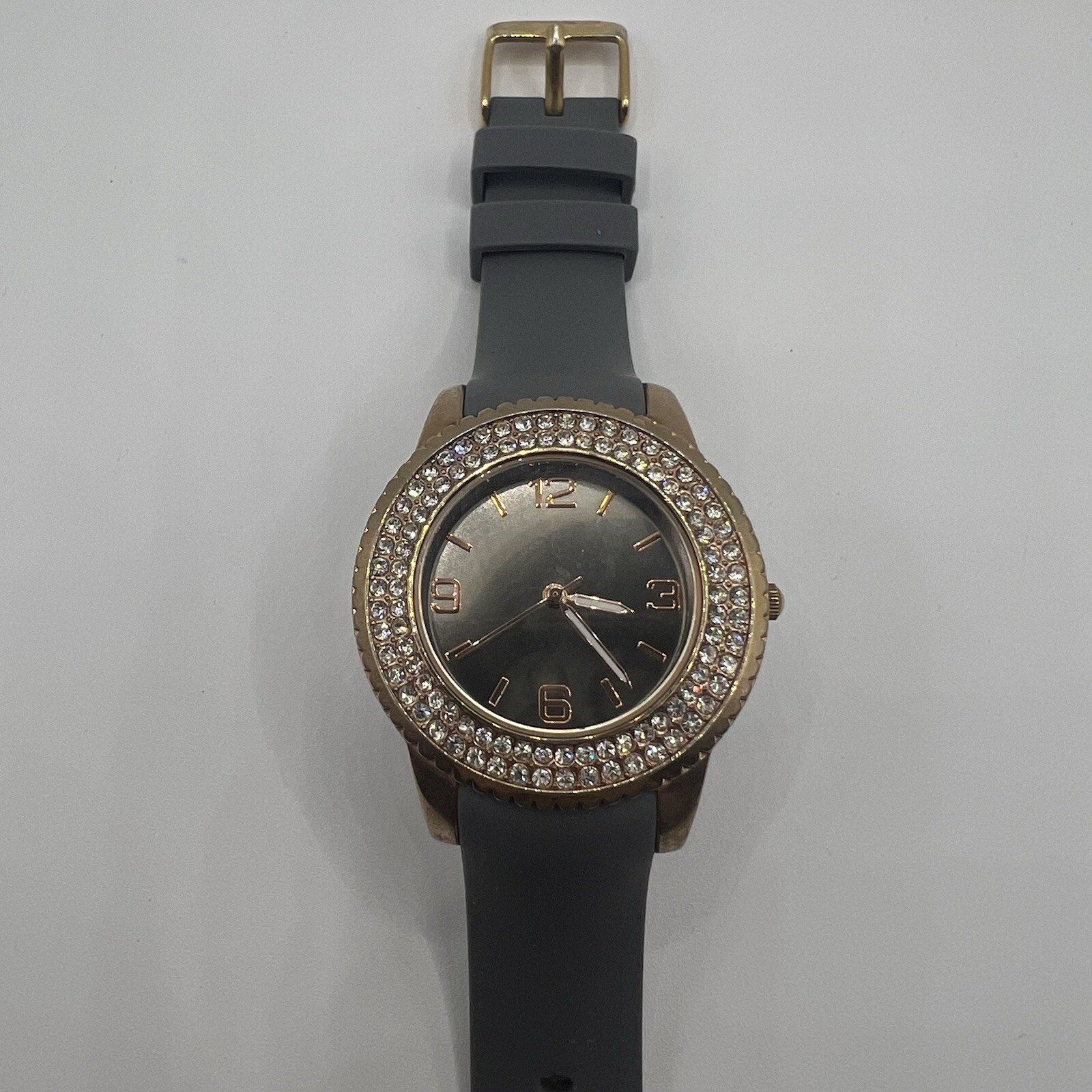 Shiny Mirror Dial Crystal Accent Gold Tone Case Gray Silicone Band Watch