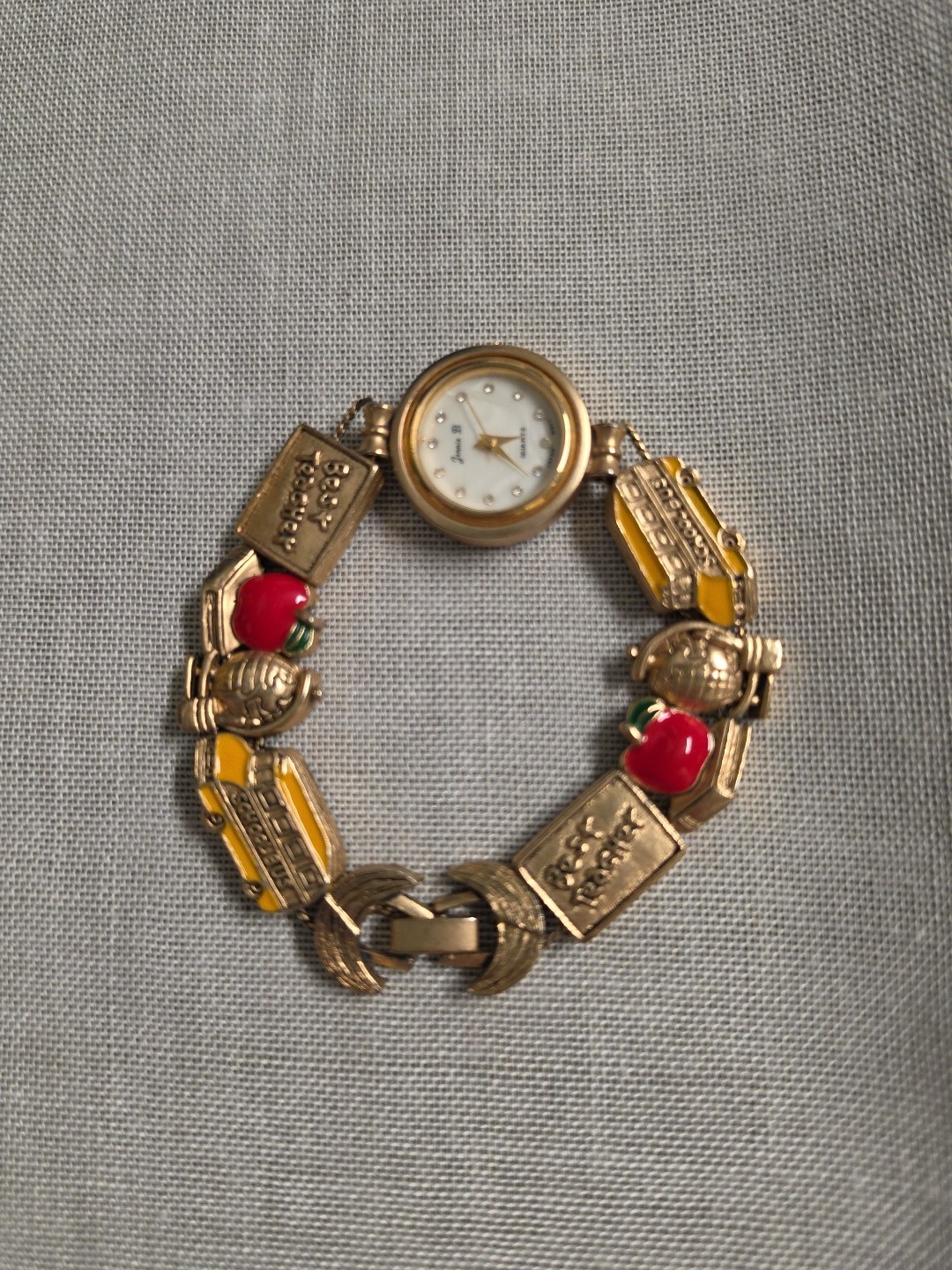 Working VTG Jennie B Teacher Watch Women Gold Tone Enamel Charm Bracelet Apple