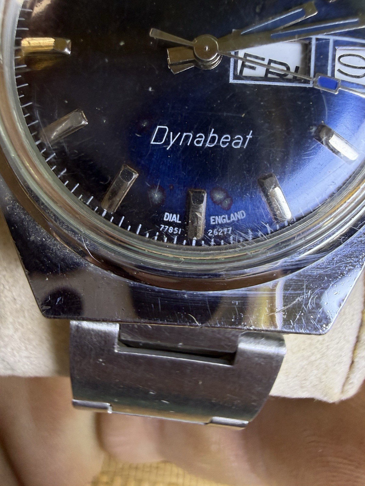 VTG 1970s Timex Electric Dynabeat Day Date Sunburst Blue Dial England Watch Runs