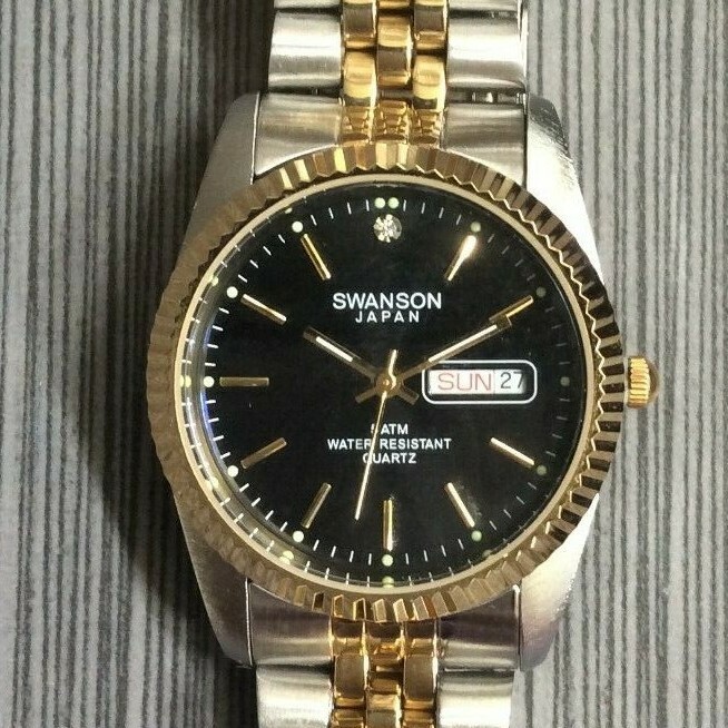 Swanson Men’s Watch Round Day Date Black Dial on Two Tone Linked Band New Item!