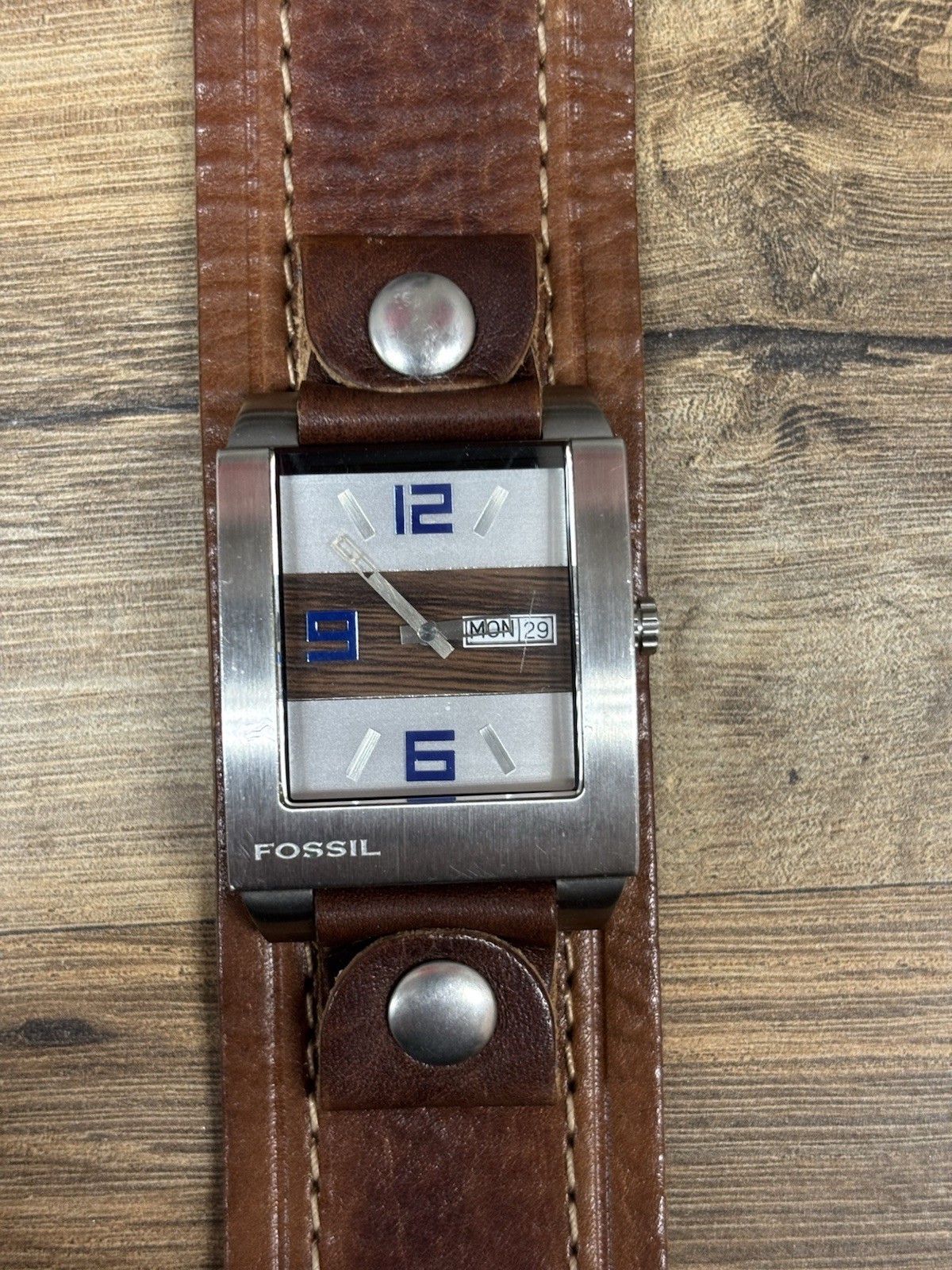 Fossil Watch Men Silver Tone Rectangle Date Retro JR-9483 Leather