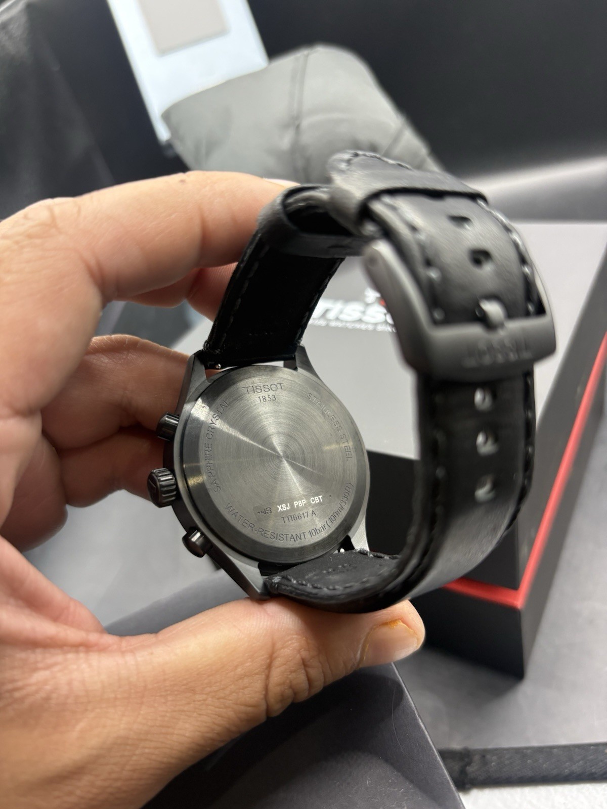 Tissot Black Chrono 45mm Leather Strap Box Manual Complete Minty