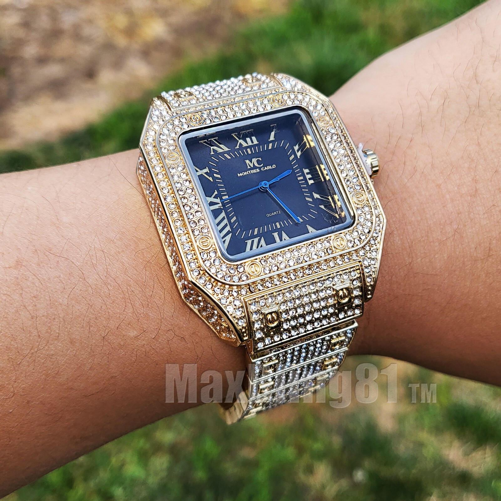 LuxuryIced Square Cubic Zirconia Metal Band Dress Gold Plated Alloy Bling Watch