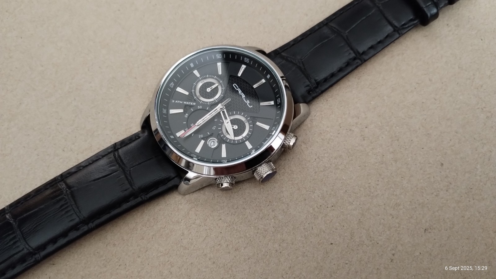 CRRJU 2212L Japanese Quartz Movement Chronograph Watch Black Face Leather Strap