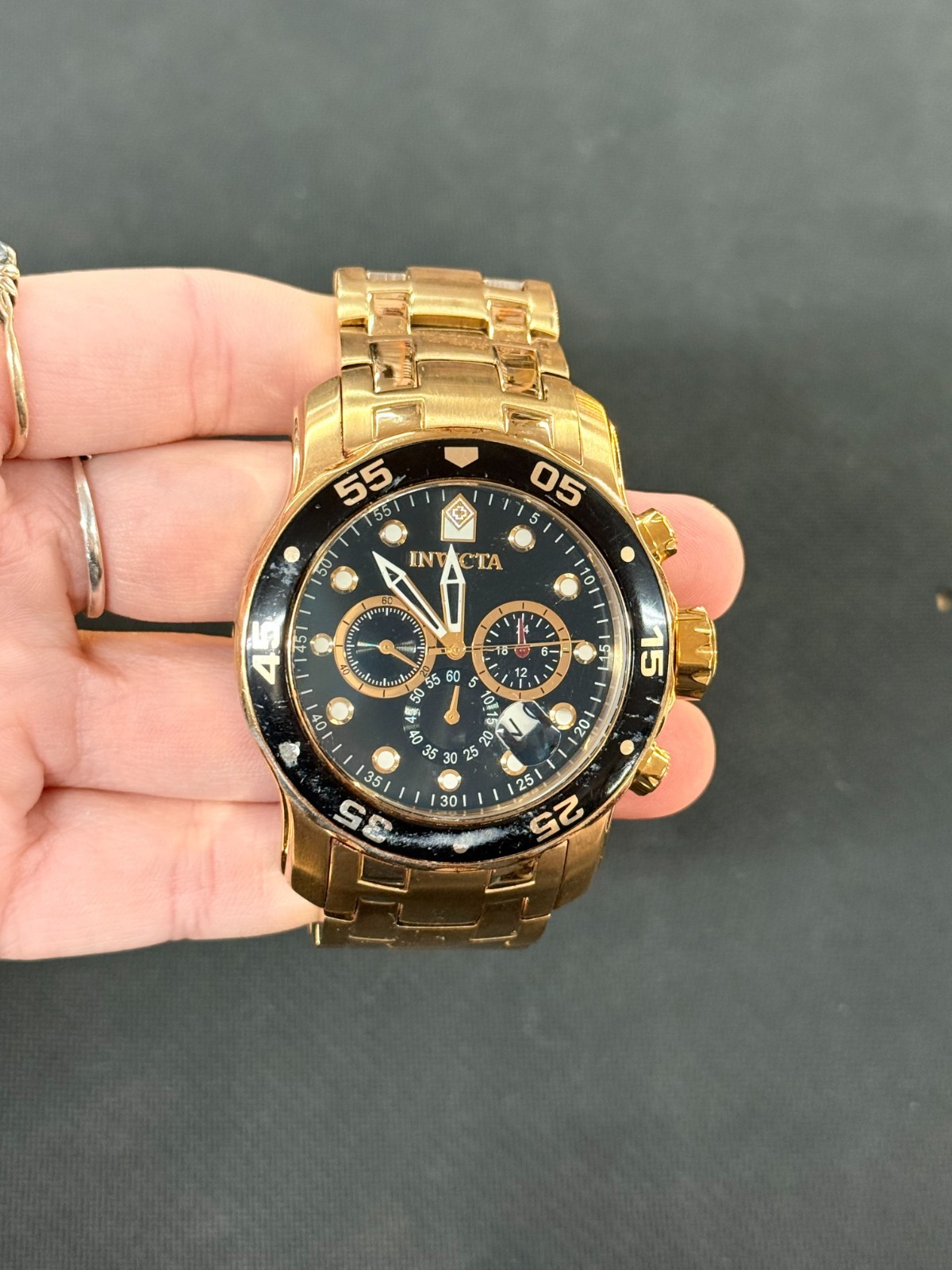 Invicta Pro Diver Model 21922 Gold and Black Face Watch-Flame Fusion Crystal
