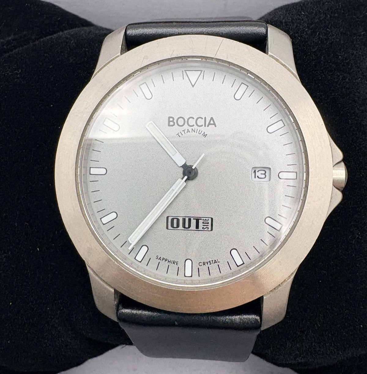 Boccia Titanium Mens Watch Day Date Sapphire Crystal 10 Bar Leather Band