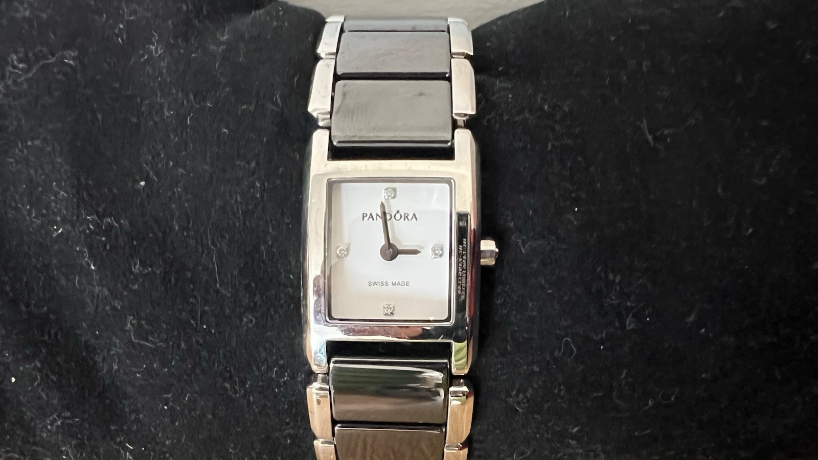 Pandora Retired Facets Stainless Steel Black Ceramic Band Diamond Crown Accent