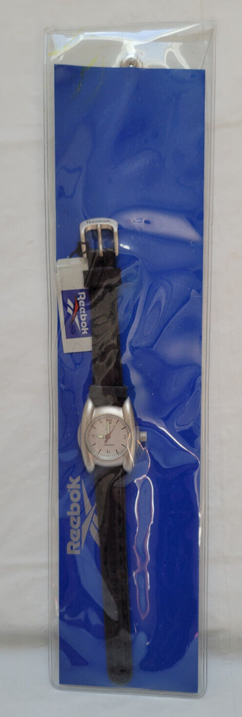 REEBOK Women 100M Silver Tone Watch Black Leather Band NWT Stainless Steel Back