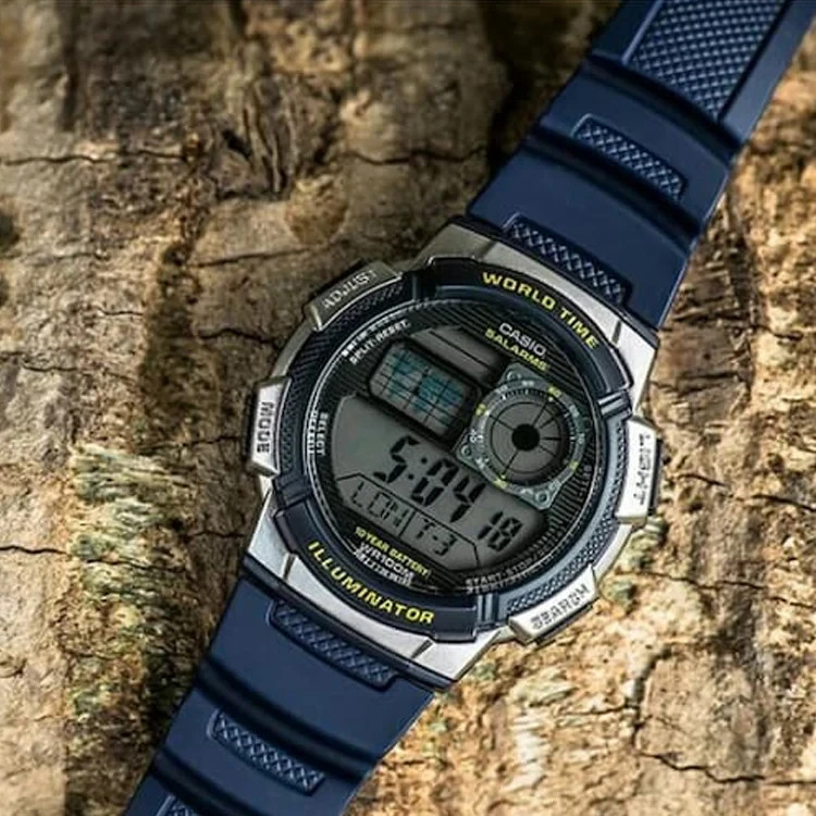 Casio AE1000W-2AV Digital Watch WR100 World Time 10 Year Battery LED
