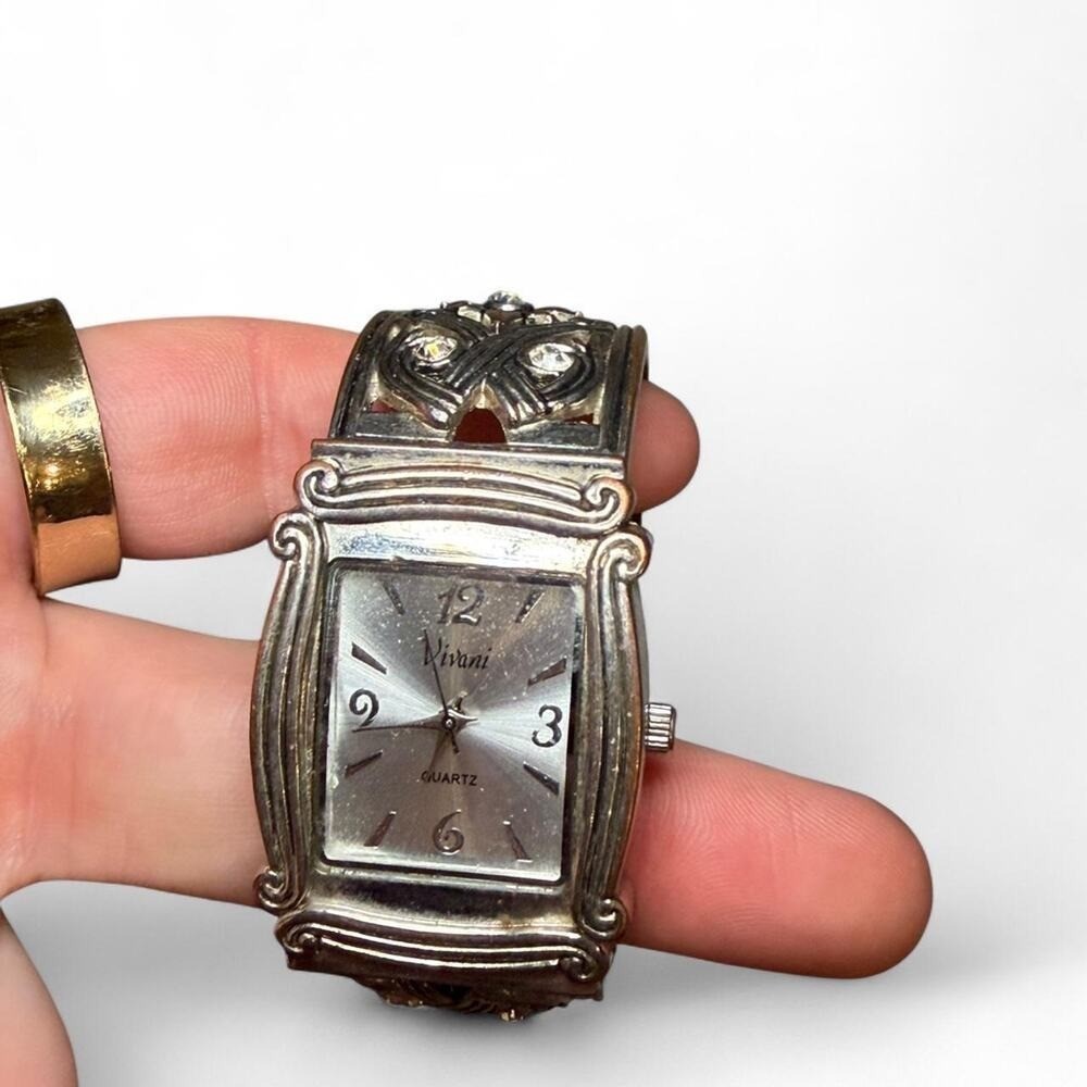 Vivani Ornate Silver-Tone Cuff Watch w/ Rhinestones