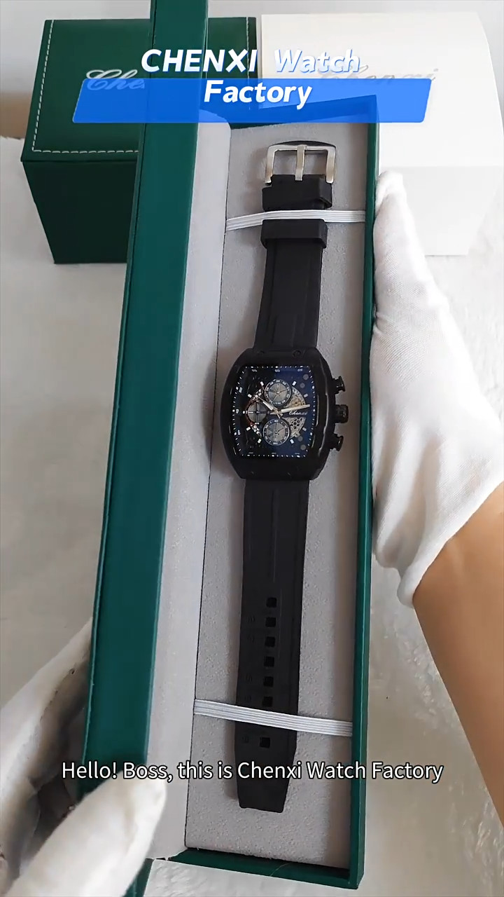 CHENXI Men’s Tonneau Black Silicone Chronograph Calendar Luminous Quartz Watch