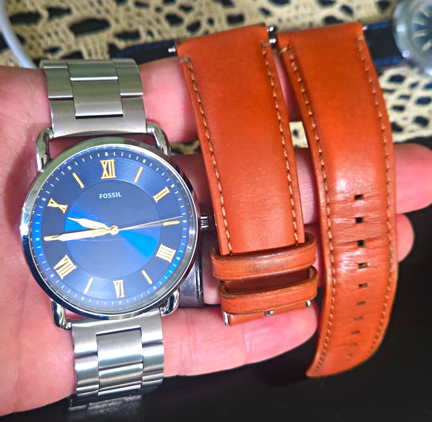 Fossil Minimalist Blue Dial W/ After Market Steel Bracelet + Orginal Brown Band