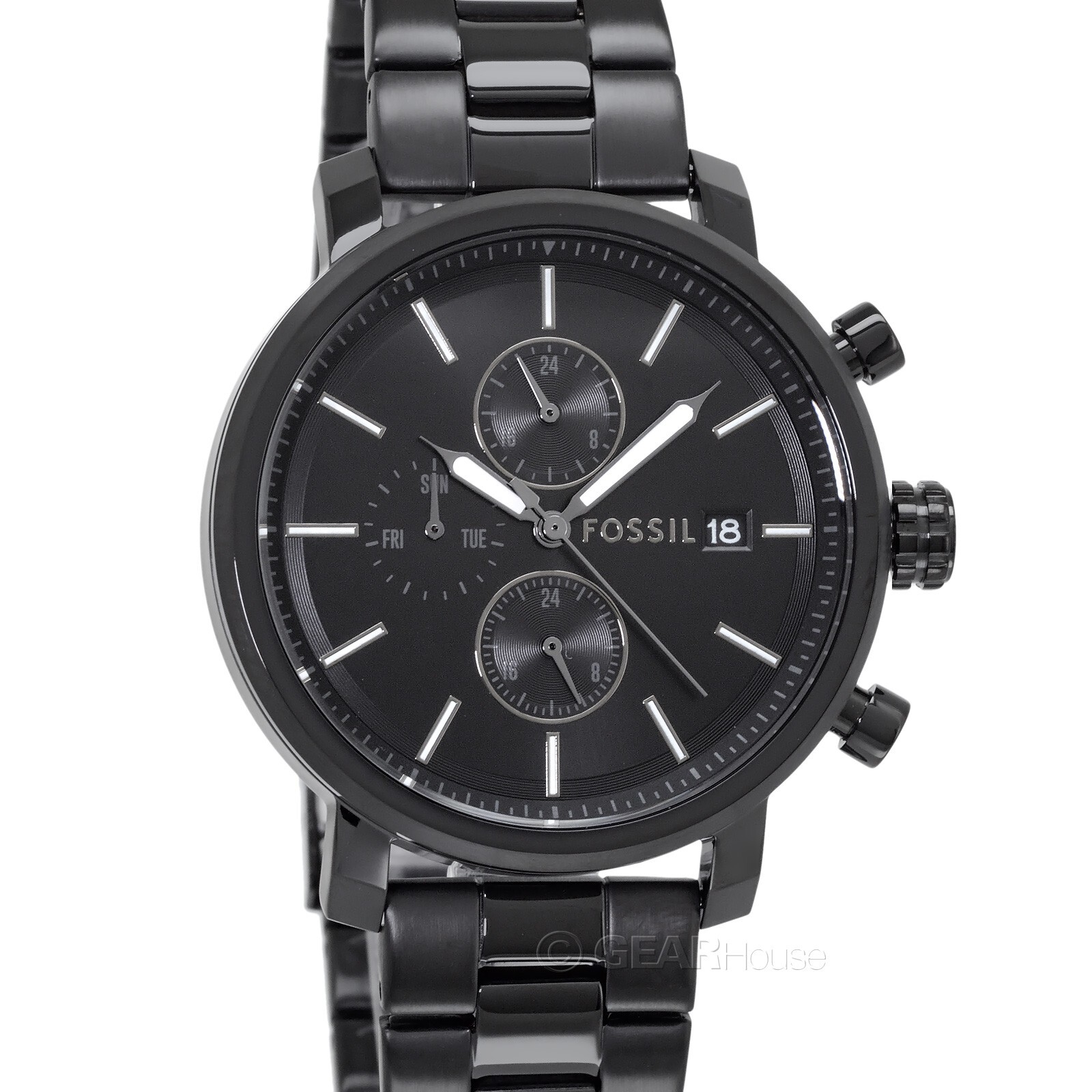 FOSSIL Rhett Mens Dual Time Multifunction Watch Black Dial Stainless Steel Band