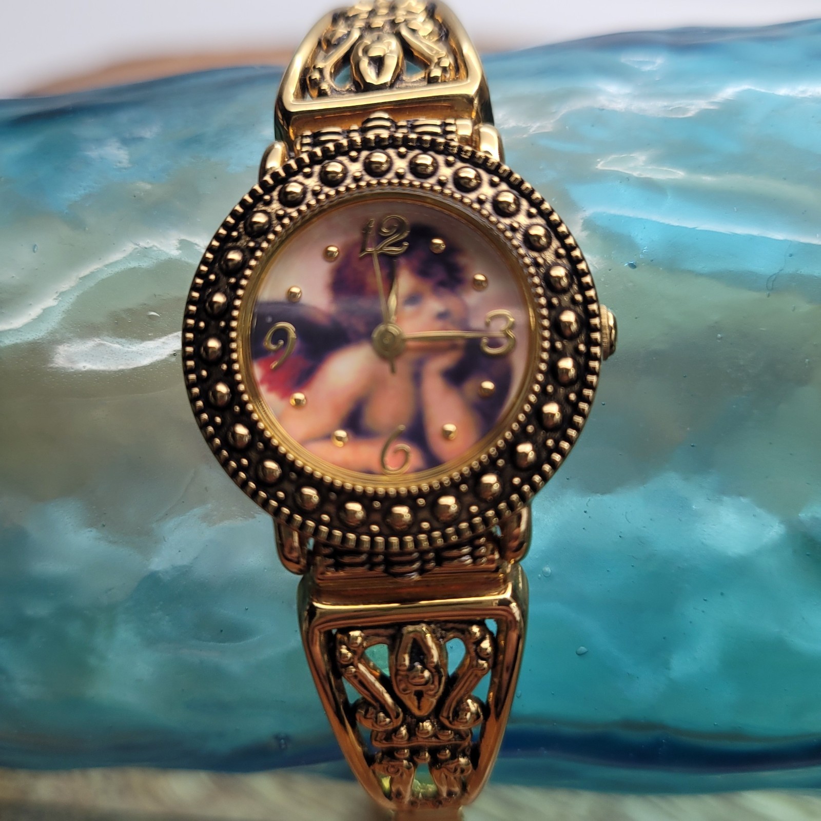 Vintage Whimsigoth Seiko SII Cherub Watch Celestial Angel Gold Tone Stretch 26mm