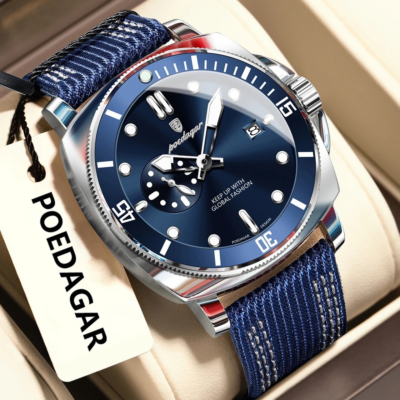 POEDAGAR Men’s Sports Watch Quartz Luminous 3ATM Date Nylon Leather Strap