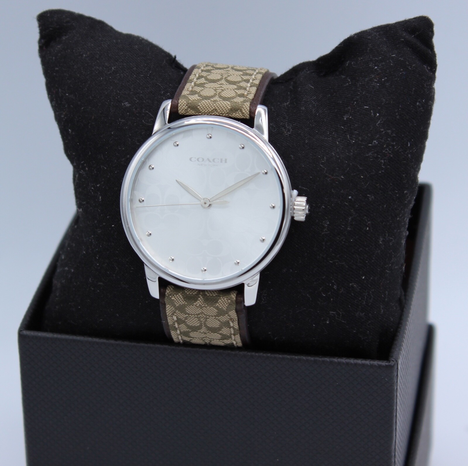 NEW AUTHENTIC COACH GRAND SILVER BROWN CANVAS WOMEN’S 14503405 WATCH