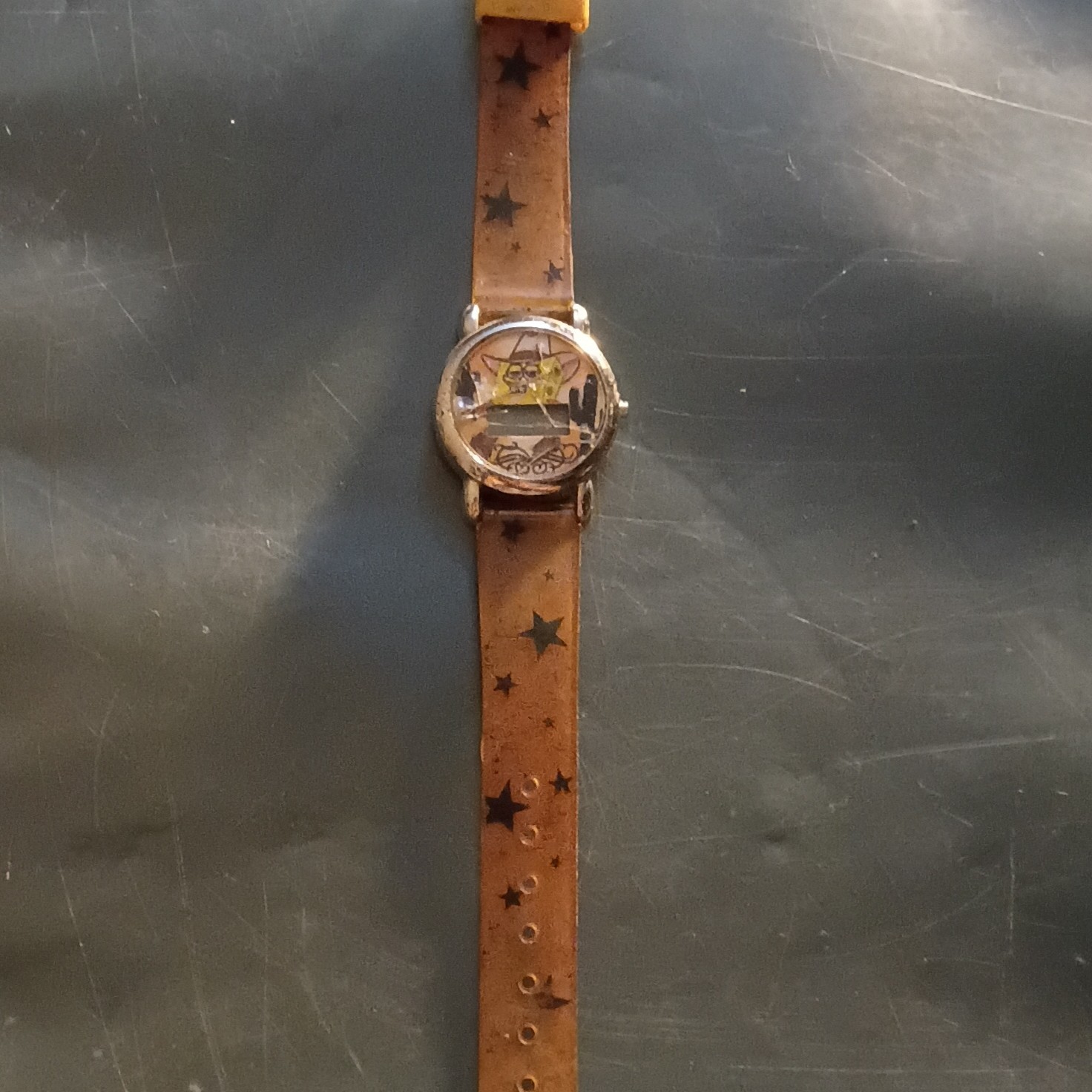 Round Analog Wristwatch Cartoon Character Multicolor Dial Brown Leather Strap