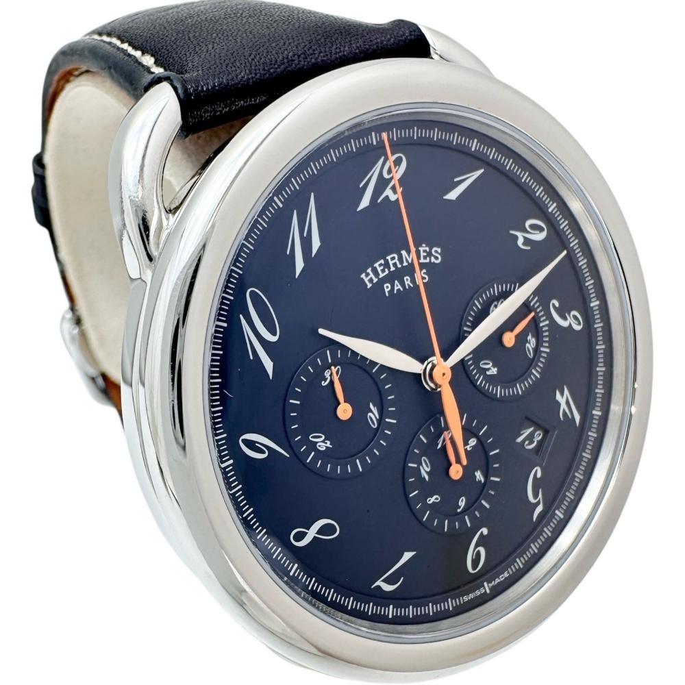 Hermes AR4 910a Men’s Wristwatch Chronograph Stainless Steel Leather Black Dial