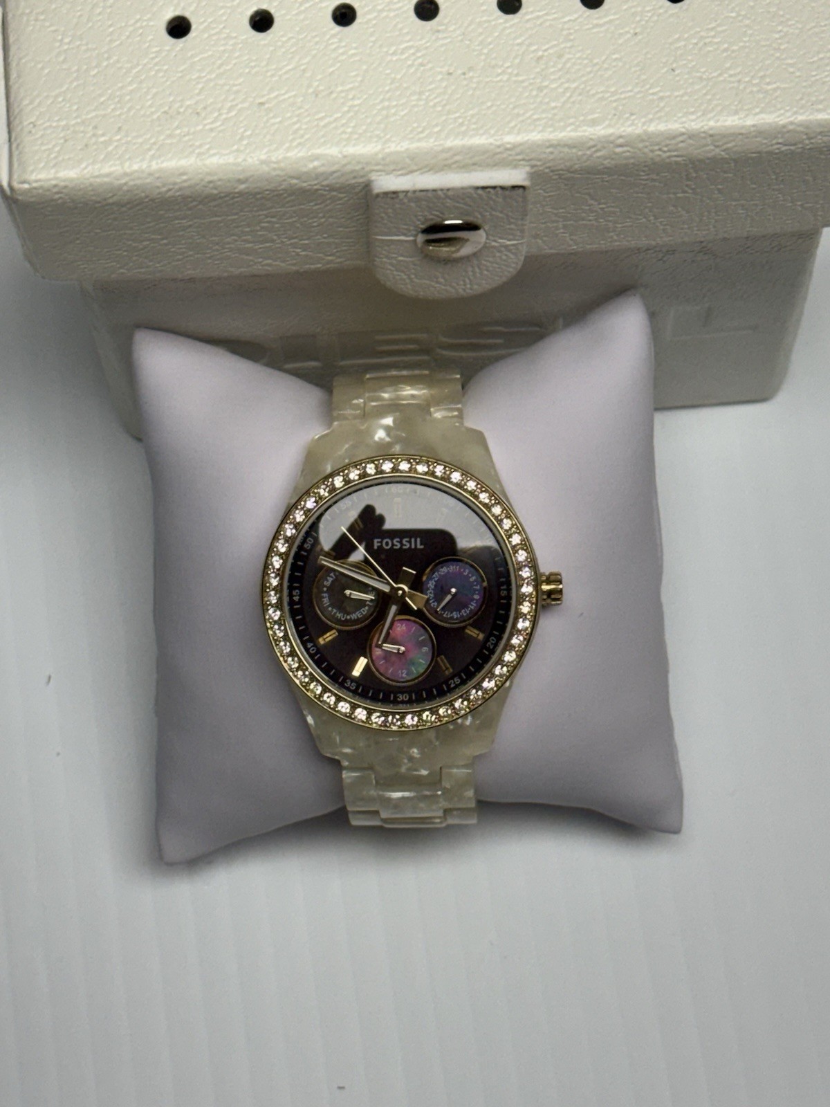 Fossil Stella Womens Wrist Watch ES2794 Gold Acrylic Mother Of Pearl w/Crystals