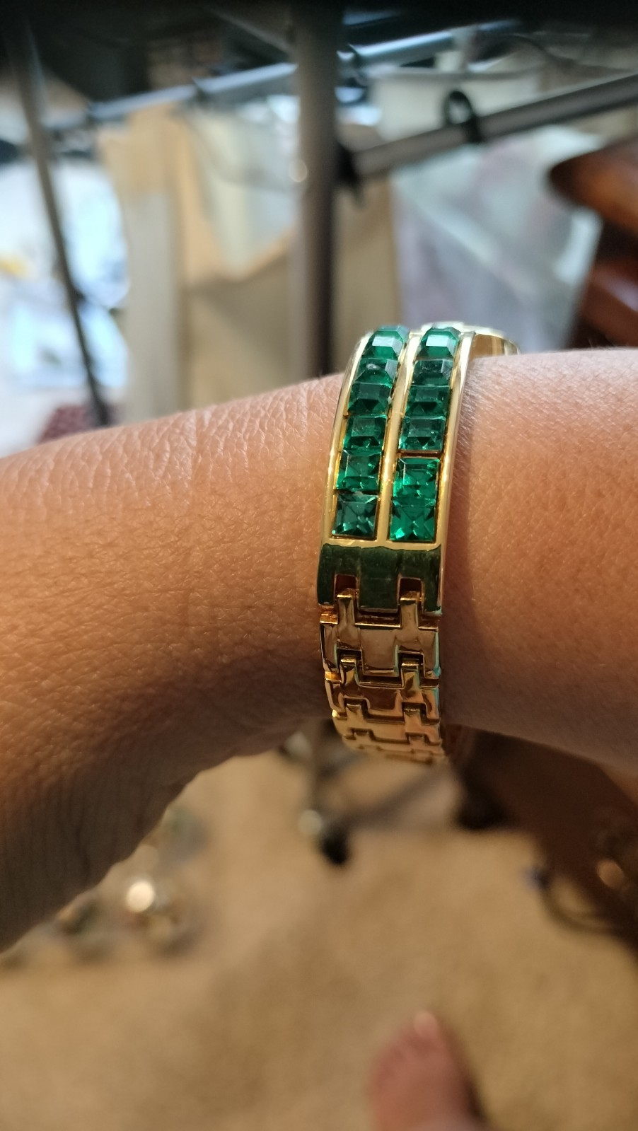 Pierre Nicol Bracelet Watch MOP Face Gold Tone Emerald Green Rhinestones new Ba