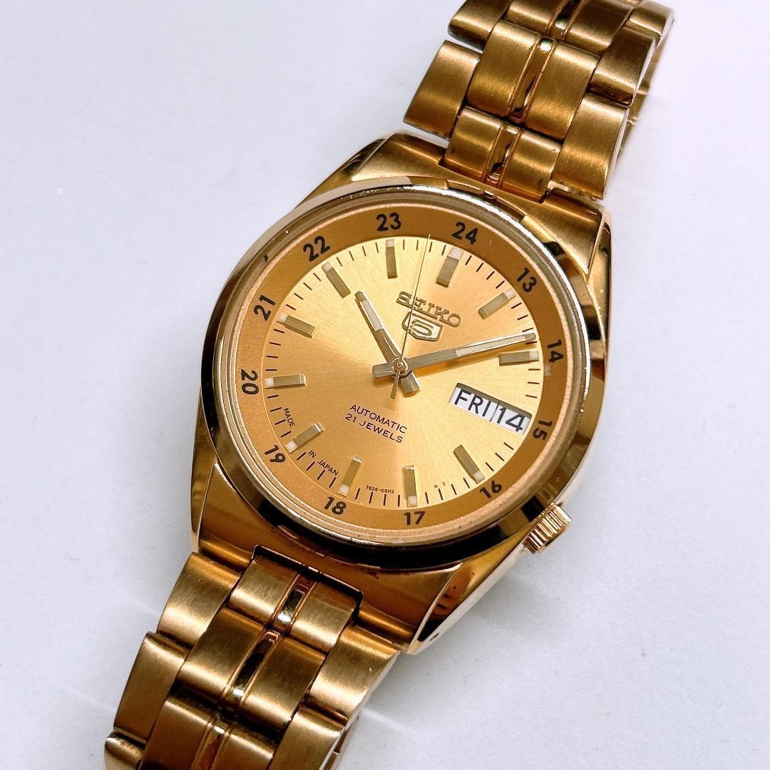 Seiko 7S26-02C0 Automatic Mens Watch Gold Dial Stainless Day/Date Japan
