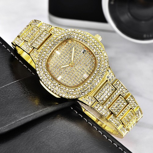 HIP HOP SIMULATED DIAMOND FULL ICED Luxury Date Quartz Watch For Mens Womens