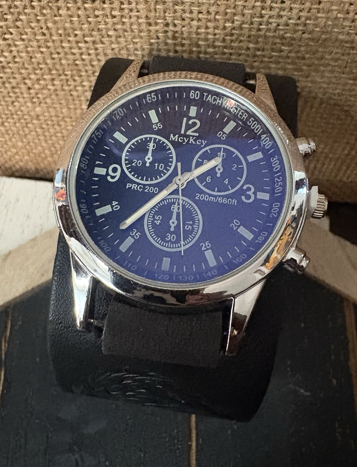 McyKcy PRC 200 Blue Dial Quartz 200m Tachymeter Watch Black Leather Strap