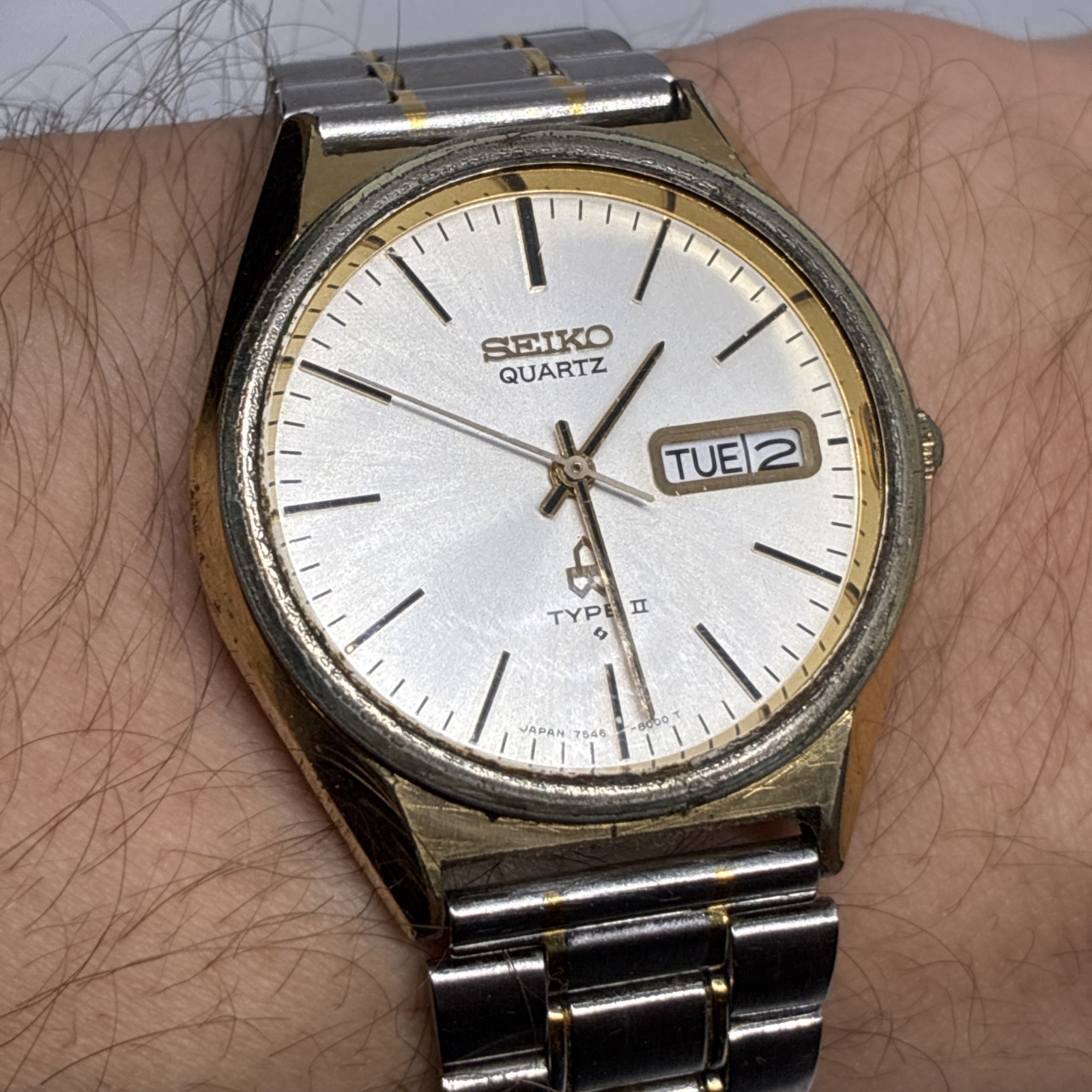 Seiko Type II Watch Men 35mm Silver Dial Gold Tone Daydate 7546-8000 Running!