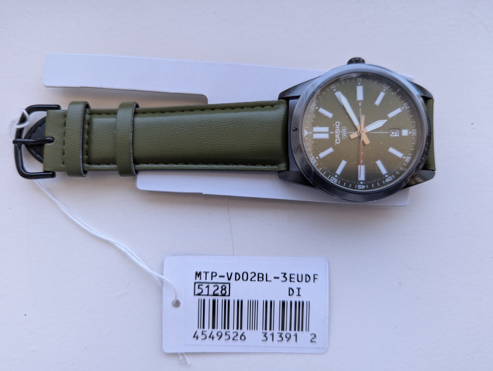 New Casio MTP-VD02BL-3E green dial and green leather strap