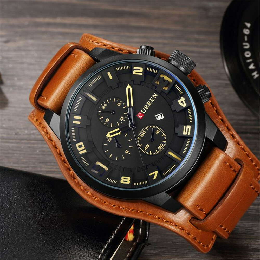 CURREN Men Quartz Watch Large Dial Fashion Leather Male Military Wristwatch Gift