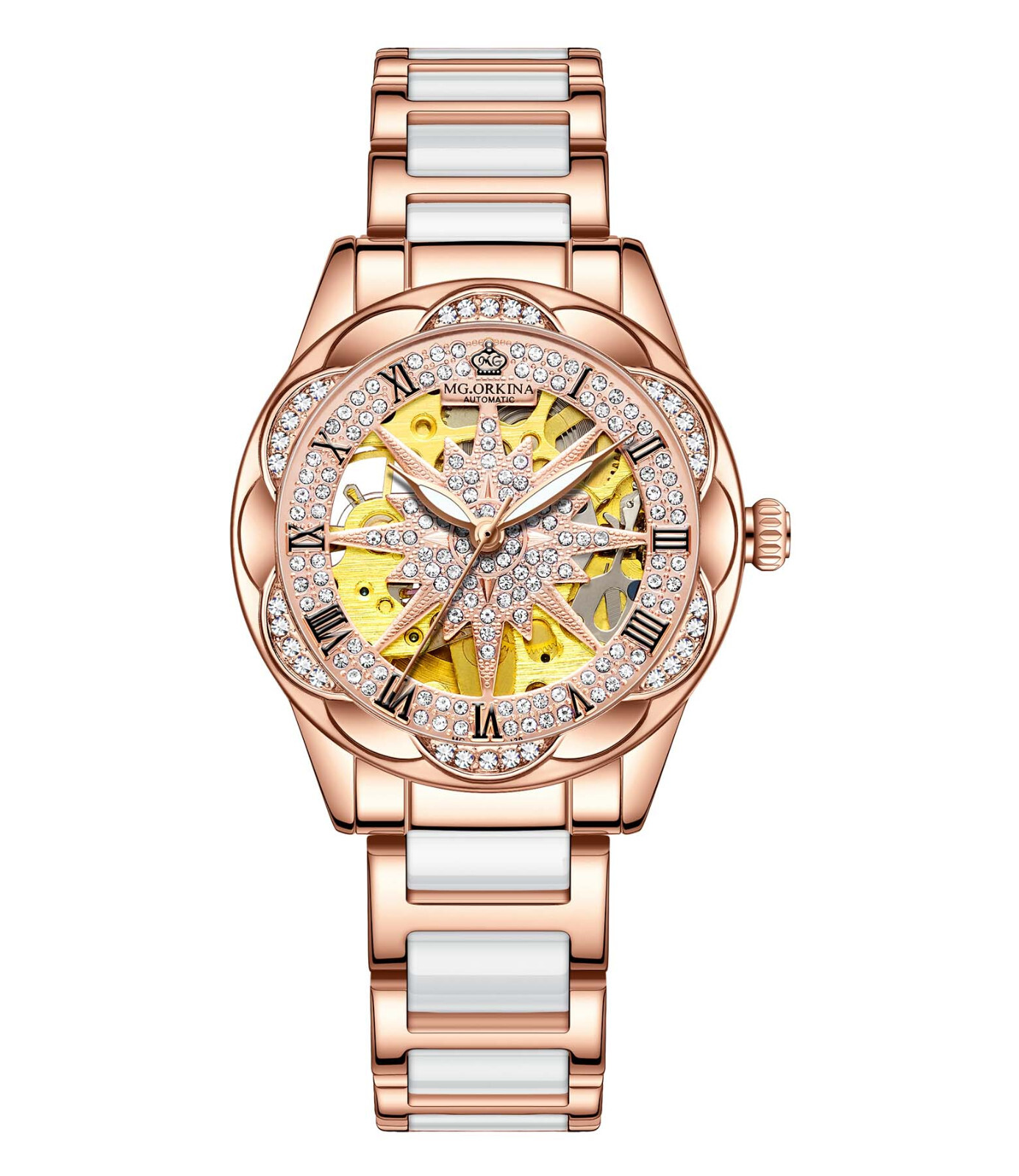 Wristwatch Mechanical Women’ s Skeleton Four Leaf Clover Crystal Auto Watches