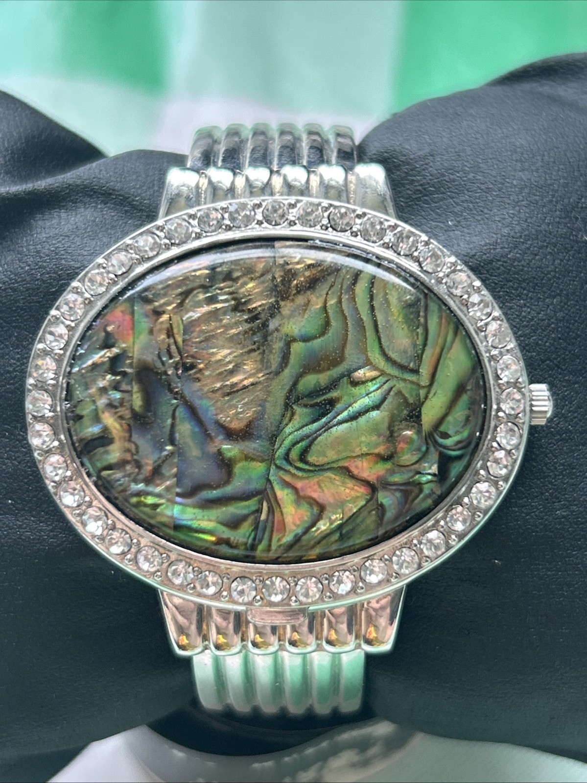Vivani Silver Tone Abalone Hideaway Cuff Watch