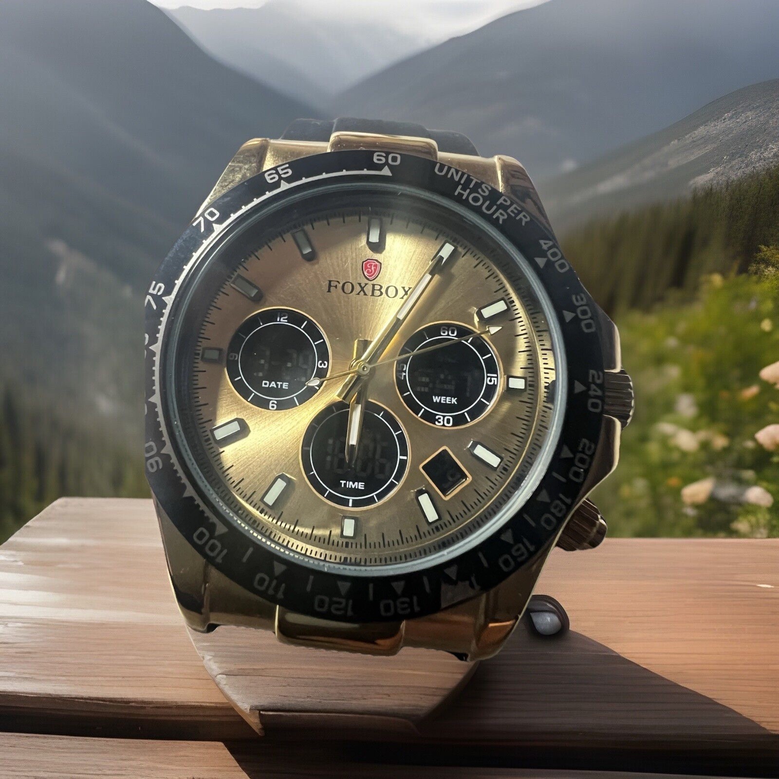 Foxbox digital and analog, black and gold,44mm, WR30M Japan men’s