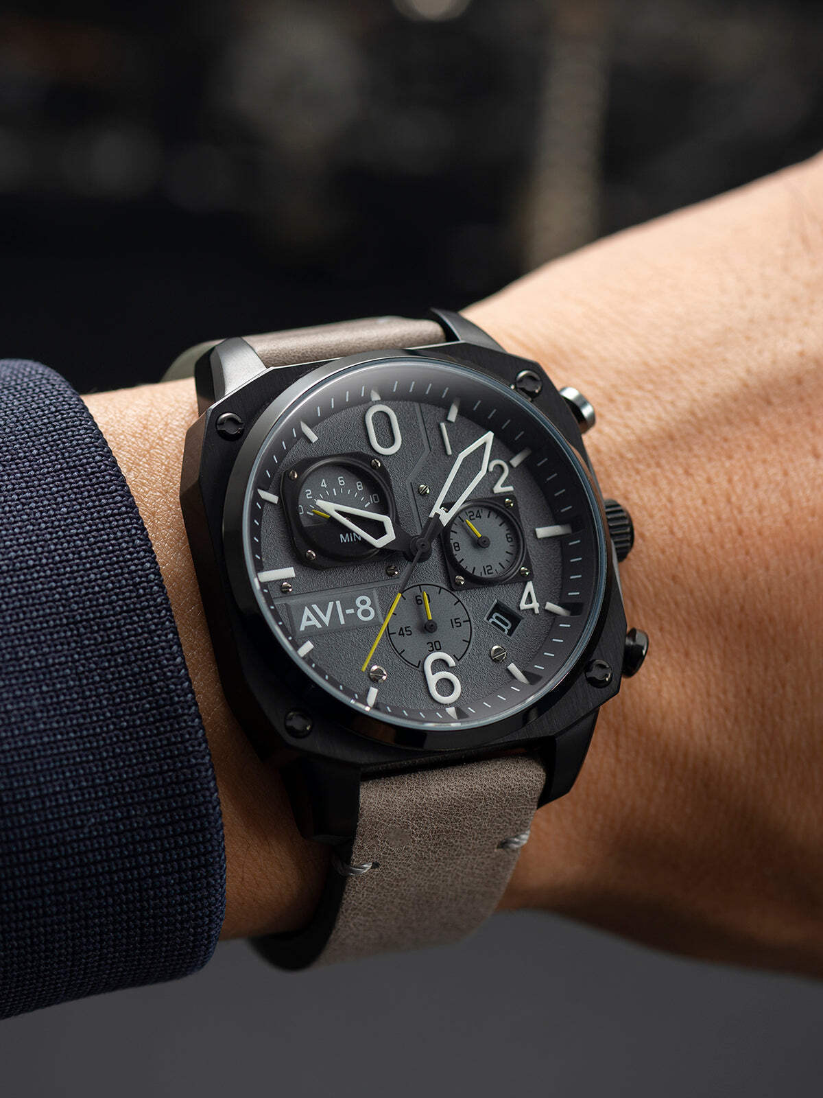 AVI-8 Hawker Hunter Retrograde Chronograph Gray / Leather | Gray Dial 45mm Wrist