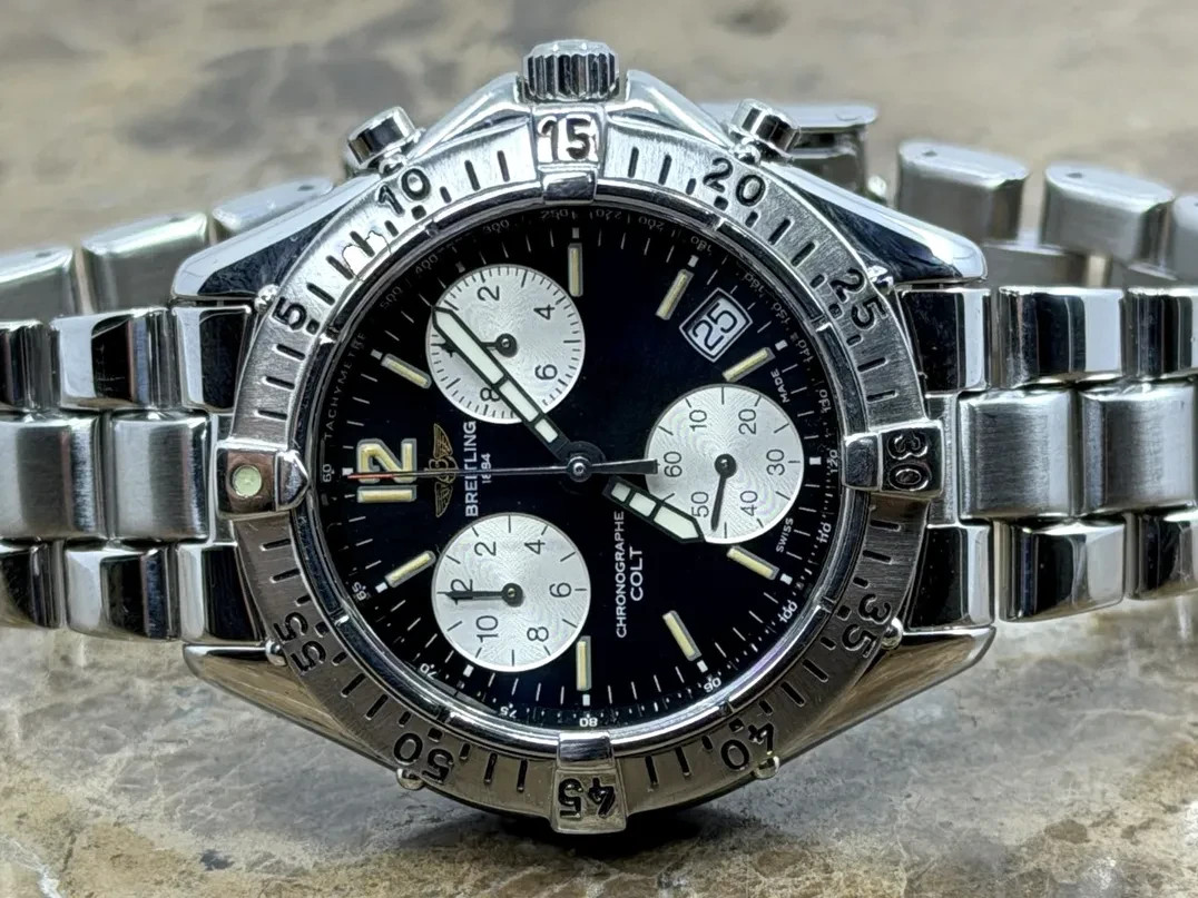 Breitling Chrono Colt Quartz 38mm Black / Silver Dial A53035 Service Box Papers