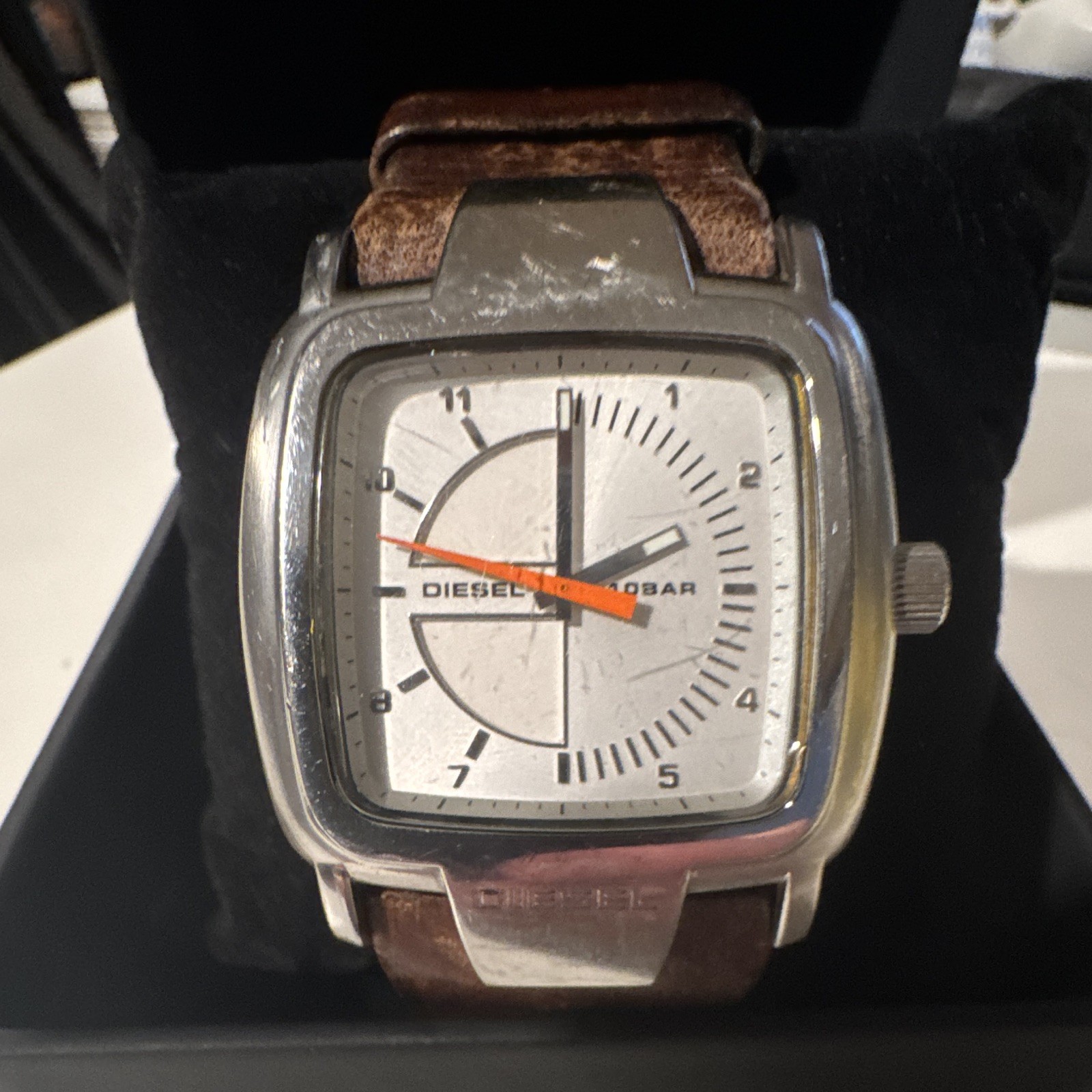 Diesel 10 BAR Men’s Quartz 44mm 100m Square Watch Silver Dial Brown Leather