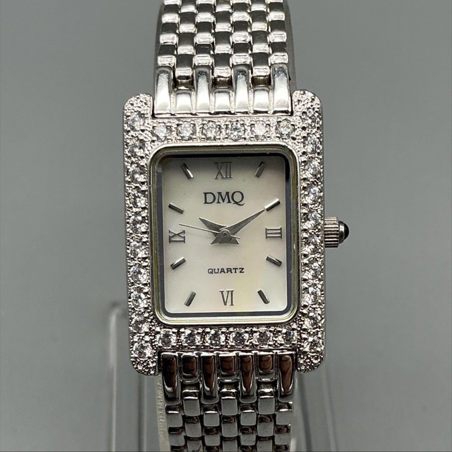 DMQ Women Watch 19mm Silver Tone CZ Bezel Tank Bracelet DQ/1073 New Battery 6.5″