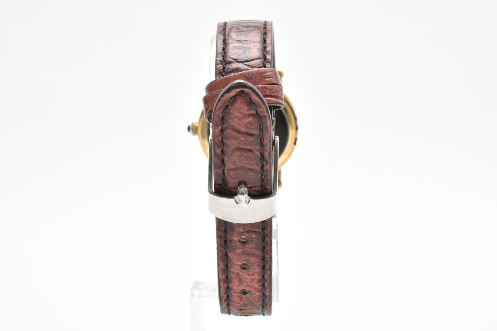 GUCCI 7200L Quartz Women’s Watch White Roman Dial Date Gold Tone Leather 26 mm