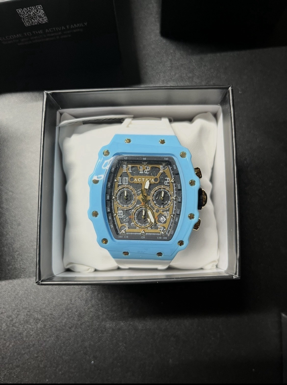 Activa Chronograph Quartz Sport Wristwatch Blue Case White Silicone Band