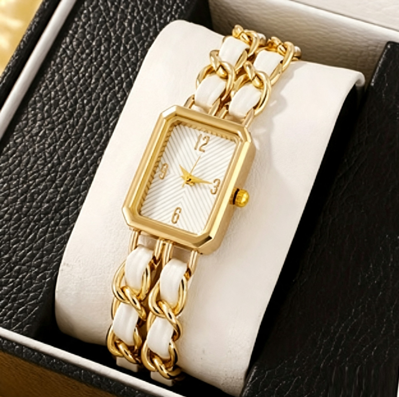 Women’s Fashion Gold Tone Rectangular White Link Bracelet Quartz Watch – Elegant