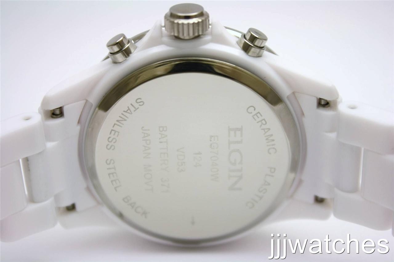 New Elgin Chrono White Acrylic band Pearl Dial Date Women Watch 40mm EG7040W
