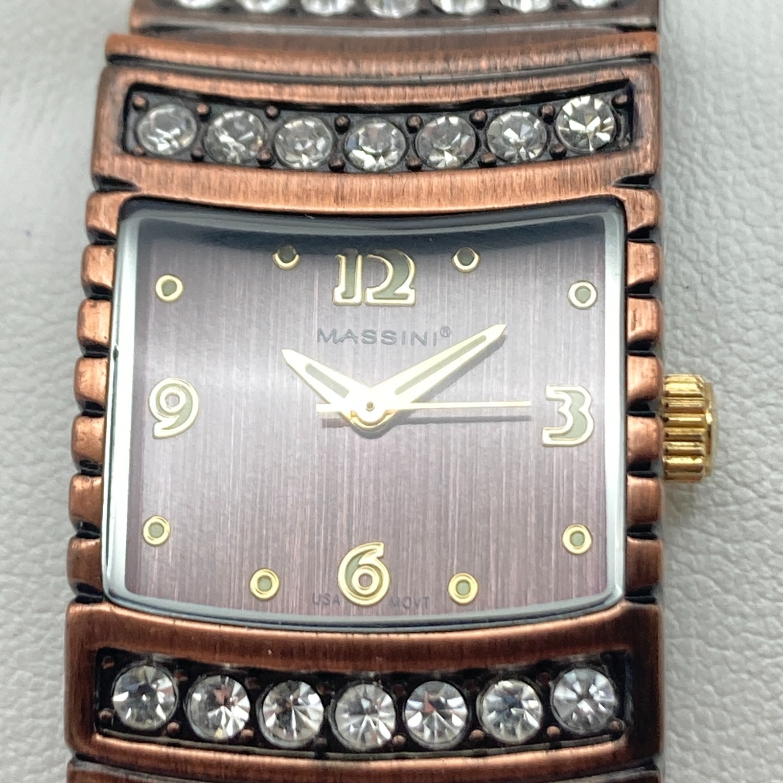 Massini Women’s Watch 24mm Copper Tone Cuff Crystals Bling New Battery 6.25″