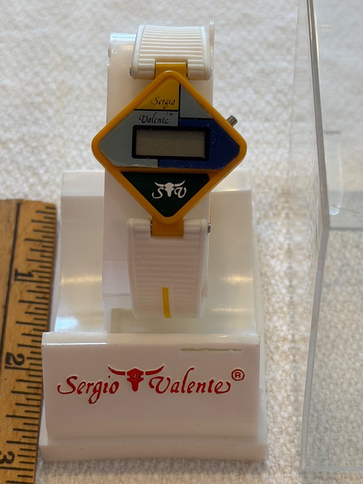 Vtg Novelty Sergio Valente Watch Space Tech White Yellow Watchband in Case