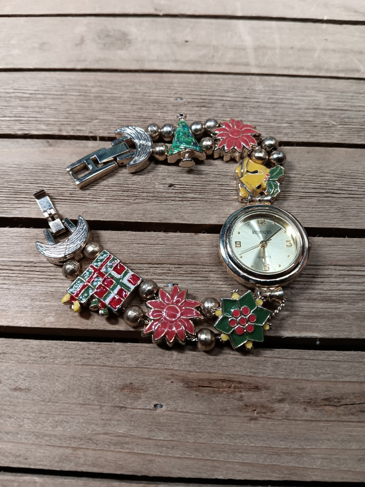 Christmas Watch Rumours Quartz Enameled Bracelet Poinsettias Presents Bells Tree