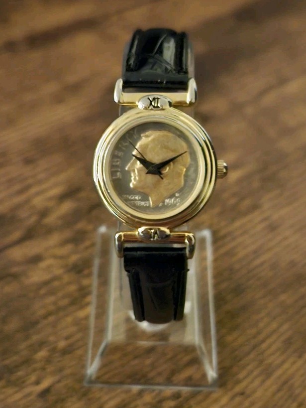 Vintage Women’s Claremont (#26-185) Faux Dime Dial Watch w/black leather strap